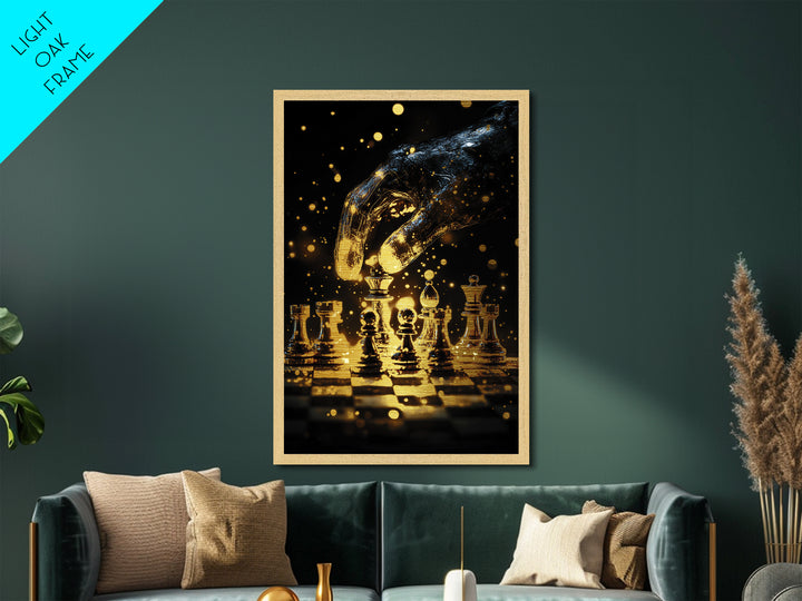 Mystic Chessboard Hand Metallic Gold Art, Haunted Gothic Metal Art With Real Wood Framing, Spooky Halloween Decor For Home
