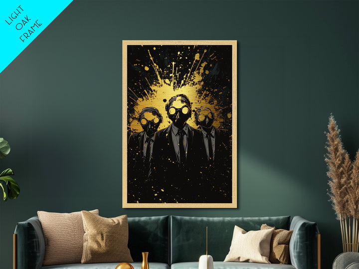 Sinister Trio In Gas Masks Metallic Gold Art, Horror Gothic Metal Art With Real Wood Frame, Creepy Halloween Spooky Wall Art
