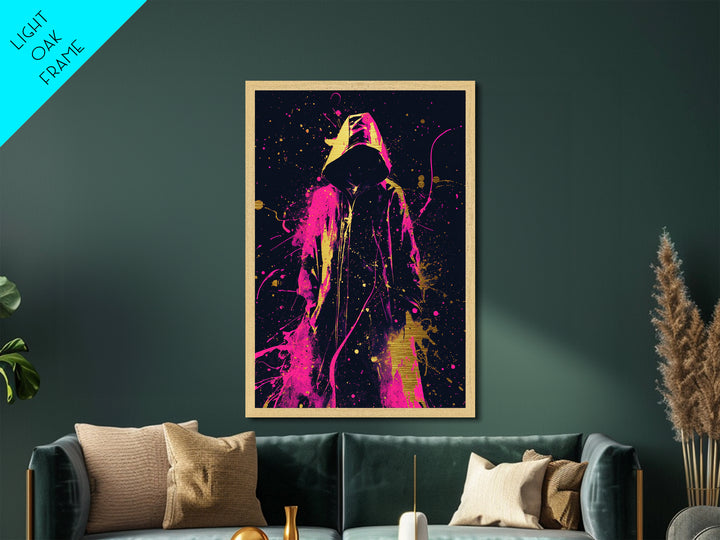 Neon Hooded Phantom Metallic Gold Art, Gothic Spooky Season Metal Art With Real Wood Frame, Haunted Halloween Wall Decoration