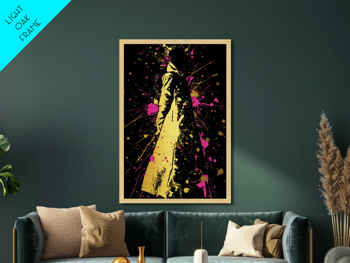 Vivid Cloaked Shadow Metallic Gold Art, Horror Gothic Halloween Metal Art Framed In Real Wood, Creepy Spooky Season Artwork
