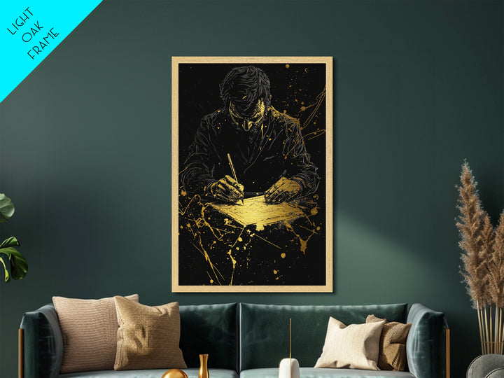 Haunted Writer At Desk Metallic Gold Art, Gothic Horror Halloween Metal Art In Real Wood Frame, Spooky Season Wall Decoration