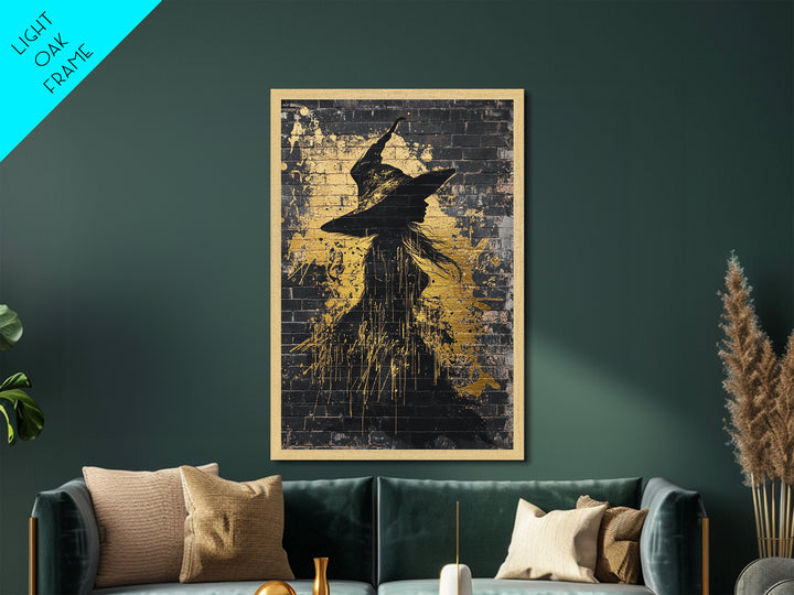Witch Graffiti Metallic Gold Art | Spooky Halloween Street Style Wall Decor | Metal Art in Real Wood Frame