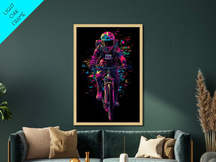 Witchy Rider Metallic Gold Art, Vibrant Spooky Season Metal Art Halloween Bicycle Print in Natural Wood Frame