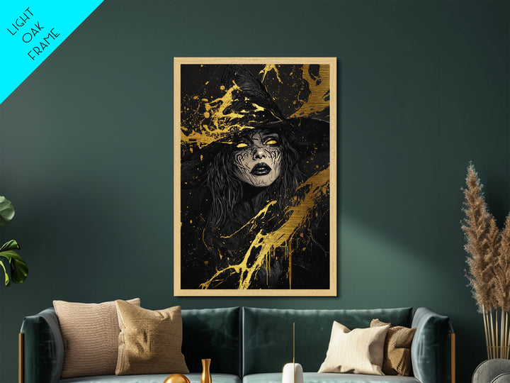 Dark Sorceress Metallic Gold Art, Witchy Halloween Metal Art with Gothic Vibes, Framed in Real Wood
