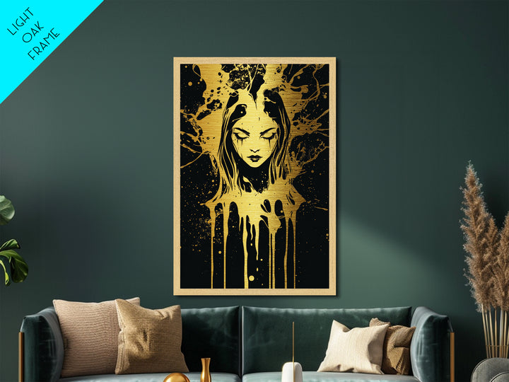Dripping Phantom Metallic Gold Art, Spooky Season Creepy Horror Portrait, Metal Art with Real Wood Frame