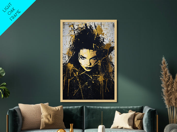 Haunted Graffiti Face Metallic Gold Art, Gothic Halloween Wall Decor, Horror Metal Art Portrait in Natural Wood Frame