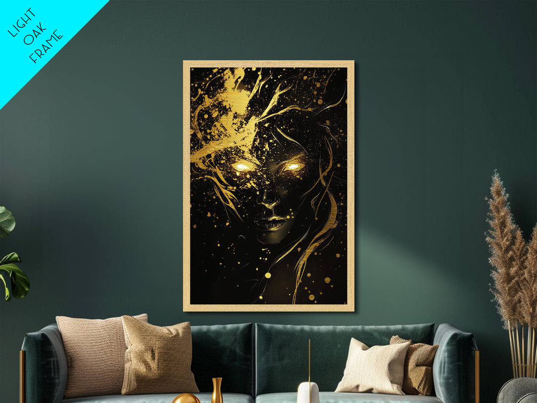 Glowing Eyes Metallic Gold Art, Spooky Season Witchy Horror Portrait, Gothic Metal Art in Real Wood Frame