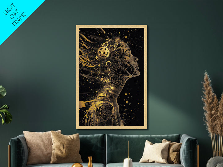 Metallic Gold Art Cyberpunk Automaton Portrait | Gothic Halloween Metal Art Wall Decor | Framed in Real Natural Wood
