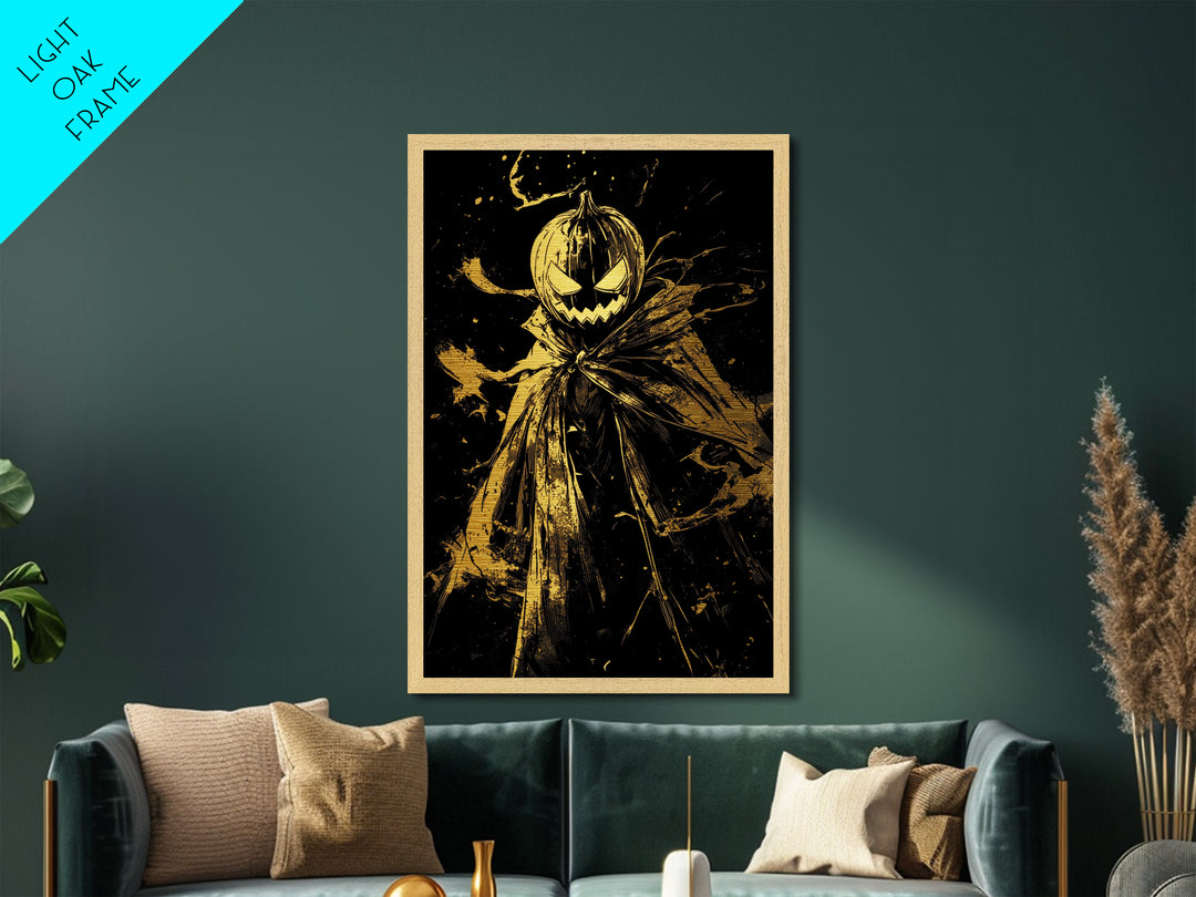 Spooky Pumpkin Head Scarecrow Metallic Gold Art | Creepy Halloween Metal Art Print | Haunted Wall Hanging with Wood Frame