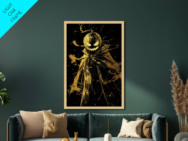 Spooky Pumpkin Head Scarecrow Metallic Gold Art | Creepy Halloween Metal Art Print | Haunted Wall Hanging with Wood Frame