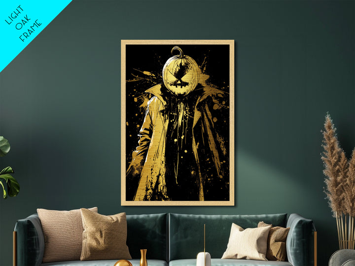 Metallic Gold Art Jack O Lantern Villain | Horror Halloween Metal Art Home Wall Decor | Real Wood Frame Gothic Display
