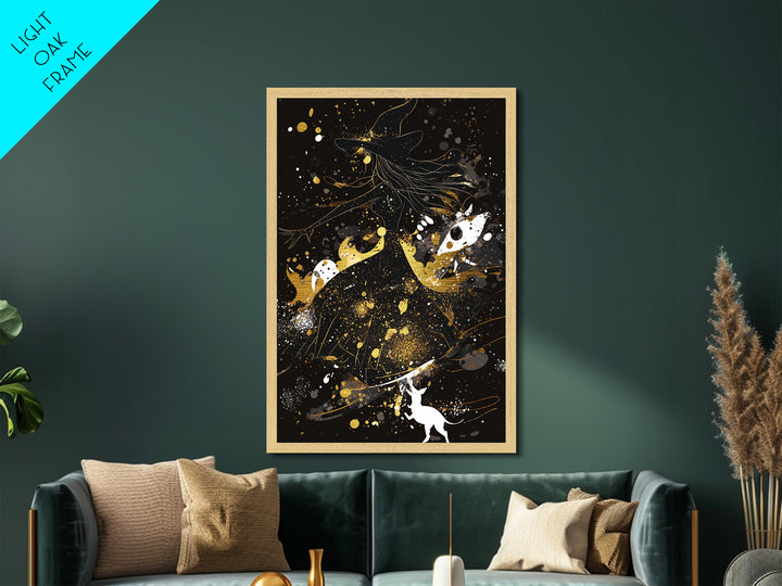 Witchy Woman Metallic Gold Art Silhouette | Spooky Season Halloween Metal Art Print | Natural Wood Framed Wall Hanging