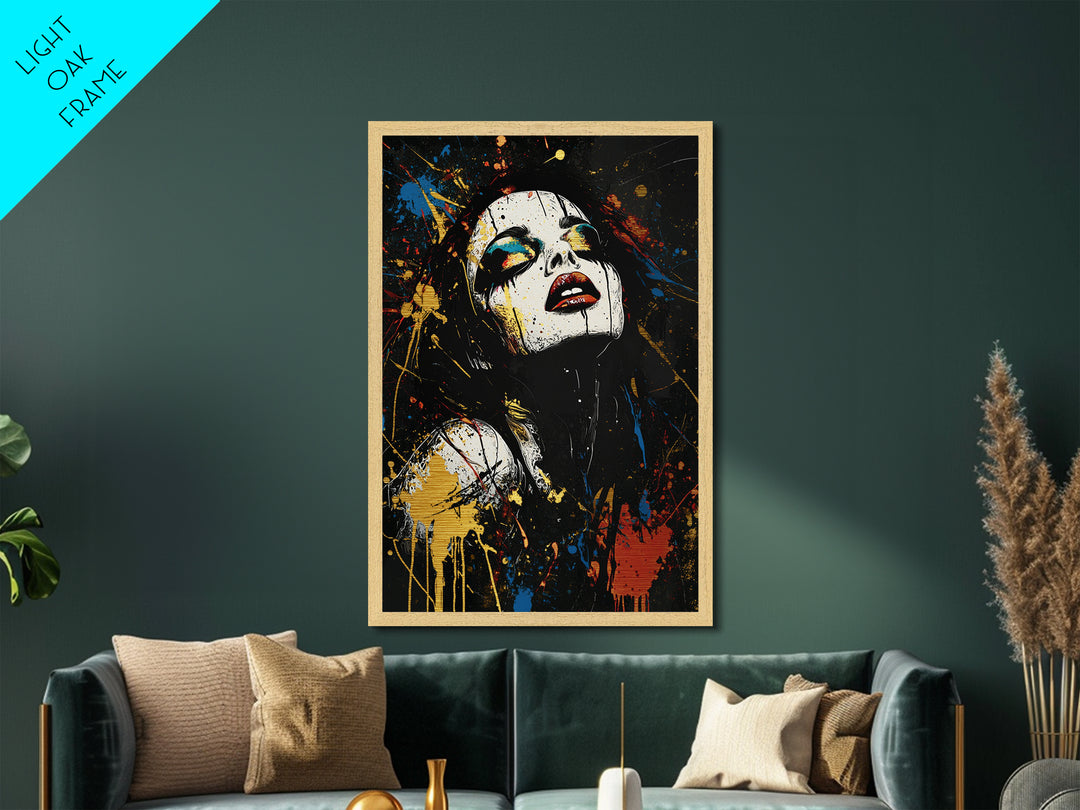 Metallic Gold Art Gothic Clown Woman | Spooky Halloween Metal Art Portrait | Creepy Horror Wall Art Framed in Real Wood
