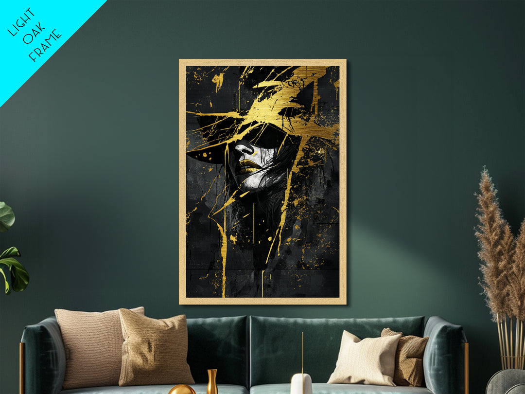 Dark Witch Metallic Gold Art Portrait | Gothic Halloween Metal Art Print | Haunted Wall Decor with Natural Wood Frame