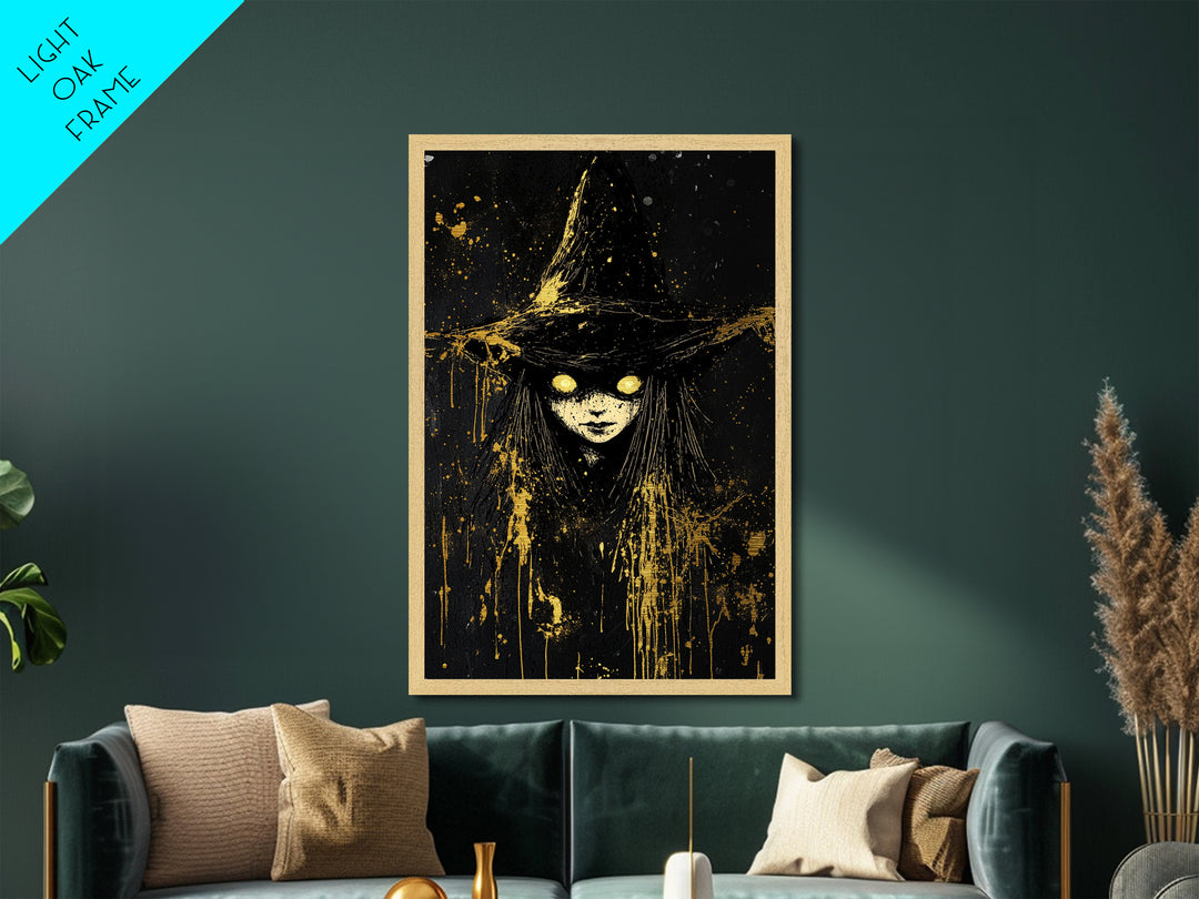 Glowing Eyes Witch Metallic Gold Art | Spooky Halloween Wall Art | Metal Art Splatter Design with Real Wood Frame