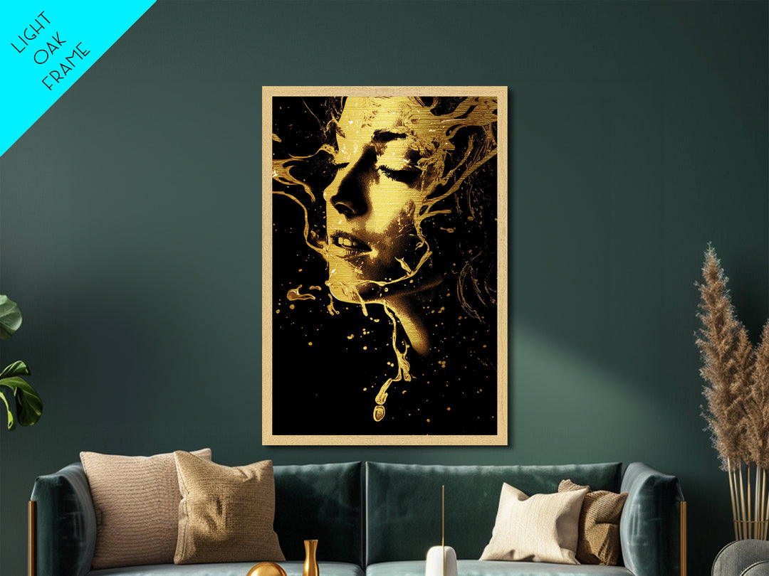 Witchy Woman Portrait Metal Art, Metallic Gold Art in Natural Wood Frame, Creepy Halloween Wall Hanging Gothic Décor