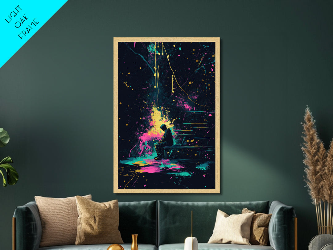 Lonely Figure On Bench, Cosmic Splatter Halloween Metallic Gold Art, Gothic Metal Art With Framing In Real Wood