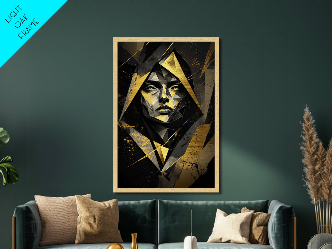 Geometric Gothic Portrait, Halloween Inspired Metallic Gold Art, Unique Metal Art Print In A Handcrafted Wooden Frame