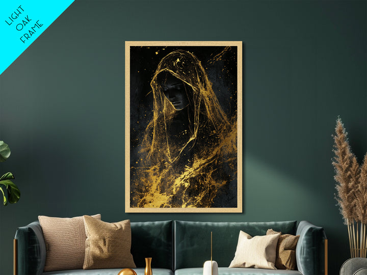 Golden Veil Haunted Figure, Metallic Gold Art Gothic Metal Art For Spooky Halloween Wall Décor, Framed In Real Wood