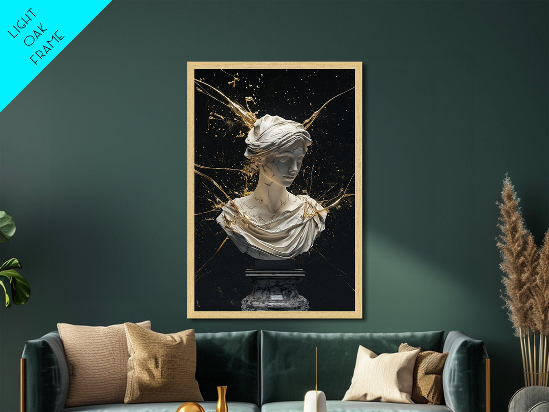 Classical Marble Witch Goddess Bust – Metallic Gold Art, Halloween Metal Art Print in Real Wood Frame, Elegant Spooky Decor