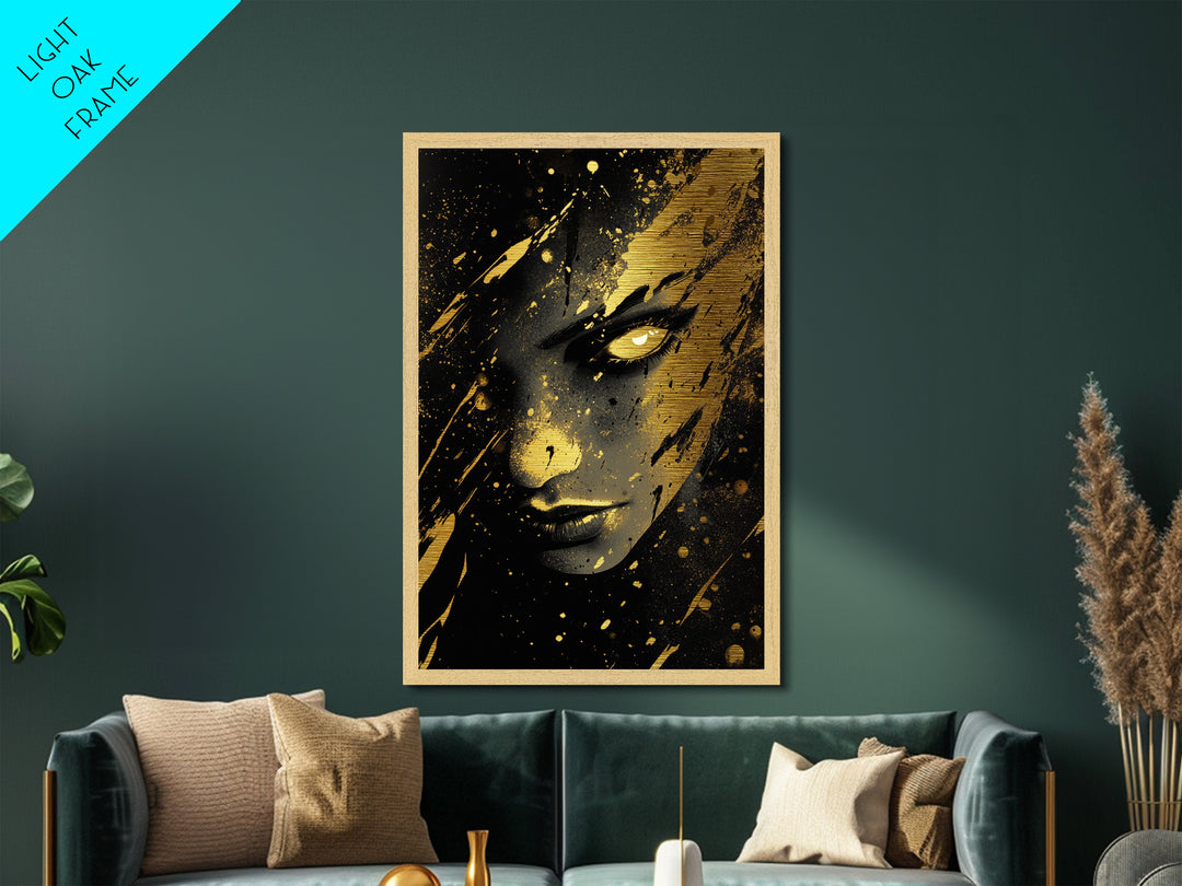 Haunted Face Metallic Gold Art | Spooky Halloween Witch Portrait Wall Decor | Metal Art in Real Wood Frame
