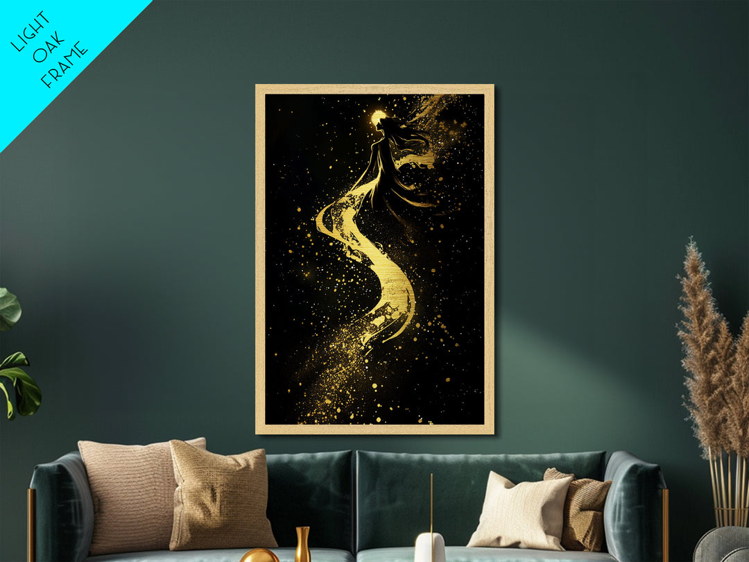 Celestial Witch Ascending, Halloween Metallic Gold Art, Spooky Gothic Metal Art Framed In Elegant Handcrafted Wooden Frame