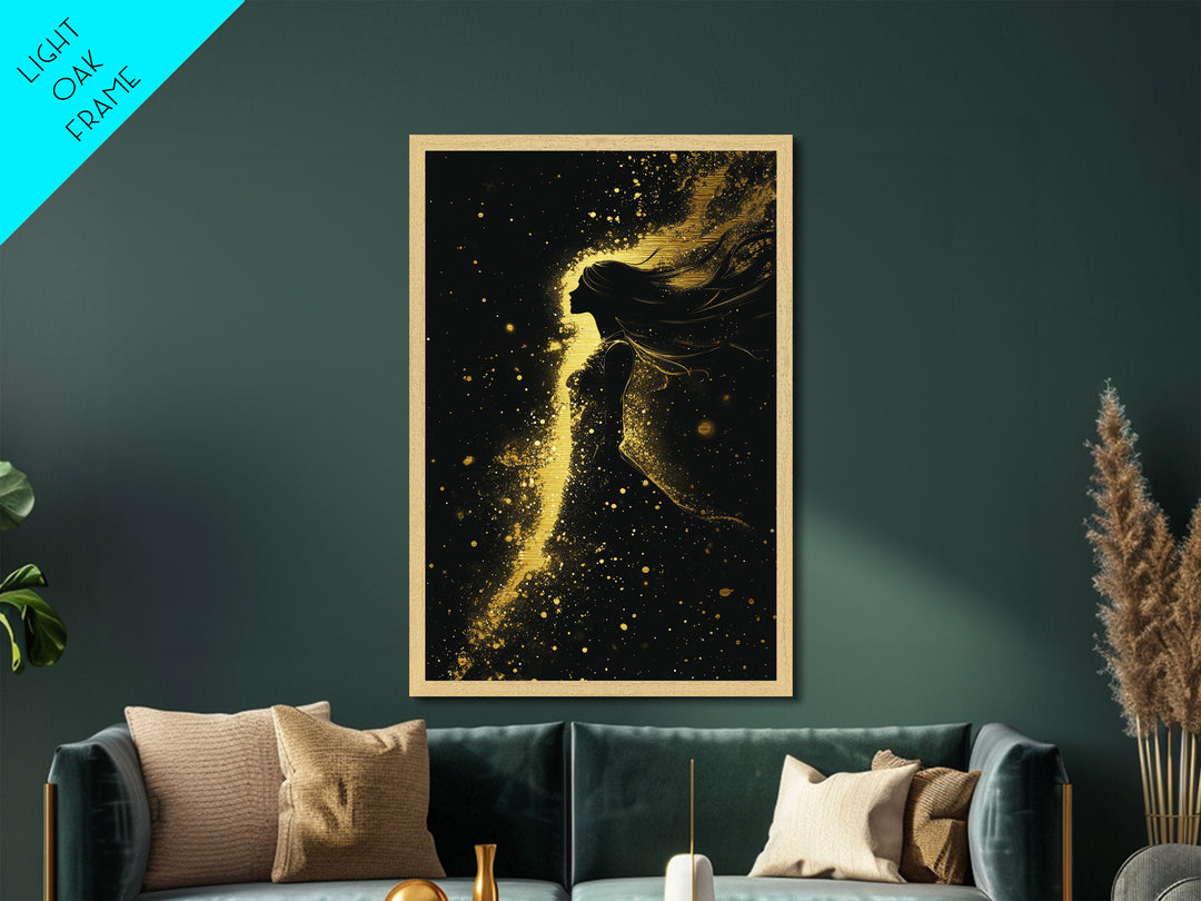 Gothic Witchy Woman Metallic Gold Art Metal Art Halloween Wall Decor Framed In Natural Wood Spooky Season Haunted Painting