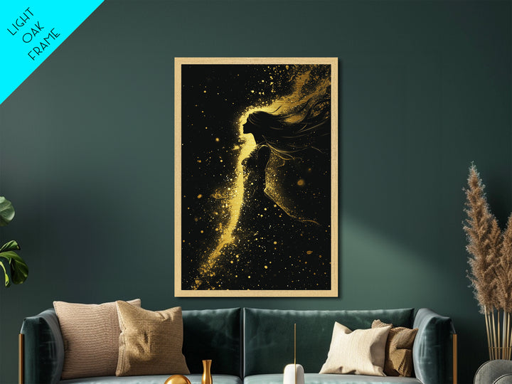 Gothic Witchy Woman Metallic Gold Art Metal Art Halloween Wall Decor Framed In Natural Wood Spooky Season Haunted Painting