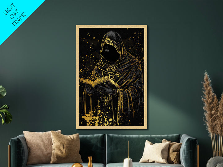 Creepy Occult Priest Metallic Gold Art Metal Art Halloween Gothic Horror Wall Hanging With Natural Wood Frame Spooky Decor