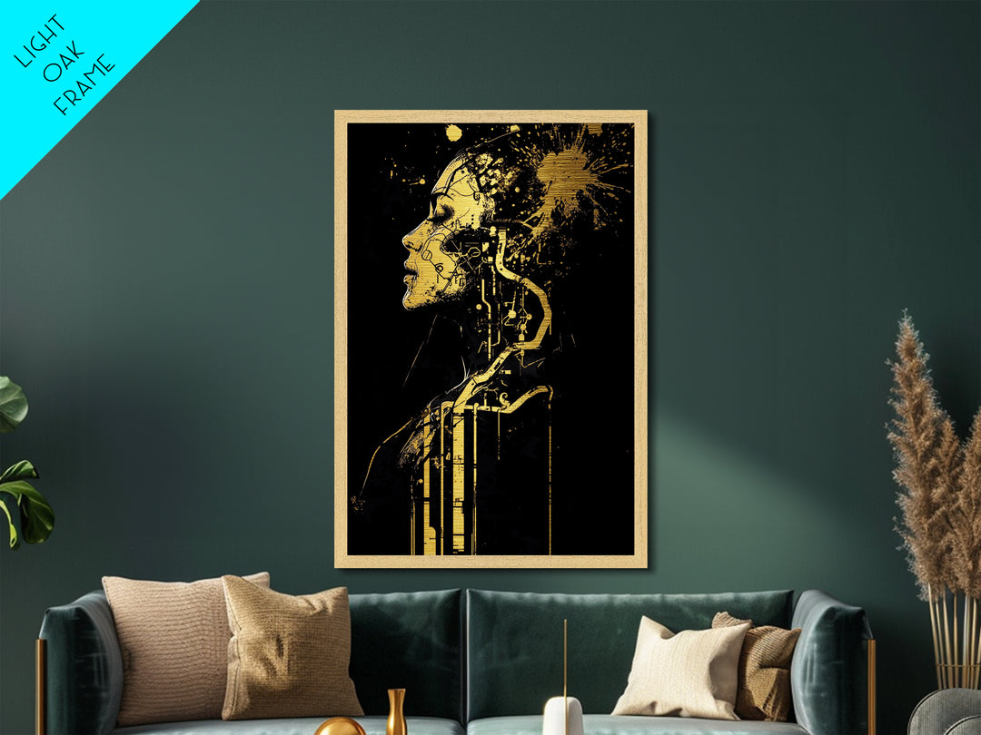 Cyberpunk Witch Metallic Gold Art Metal Art Gothic Halloween Portrait Spooky Futuristic Decor In Natural Wood Frame