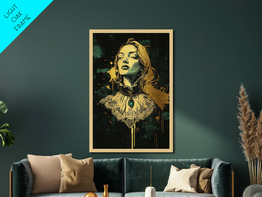 Gothic Victorian Woman Portrait Metallic Gold Art Metal Art Halloween Wall Decor Spooky Dark Academia Style in Real Wood Frame