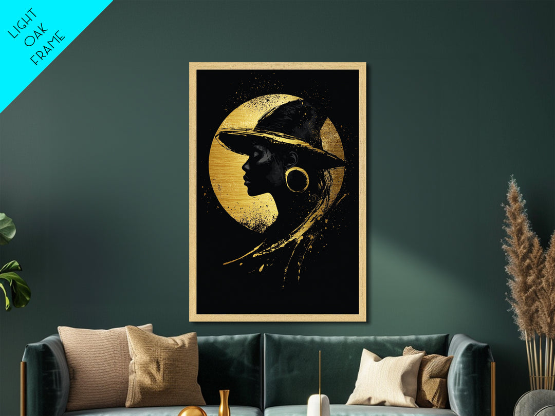 Gothic Witch Silhouette Metallic Gold Art Metal Art | Witchy Halloween Portrait in Real Wood Frame | Haunted Spooky Season Print