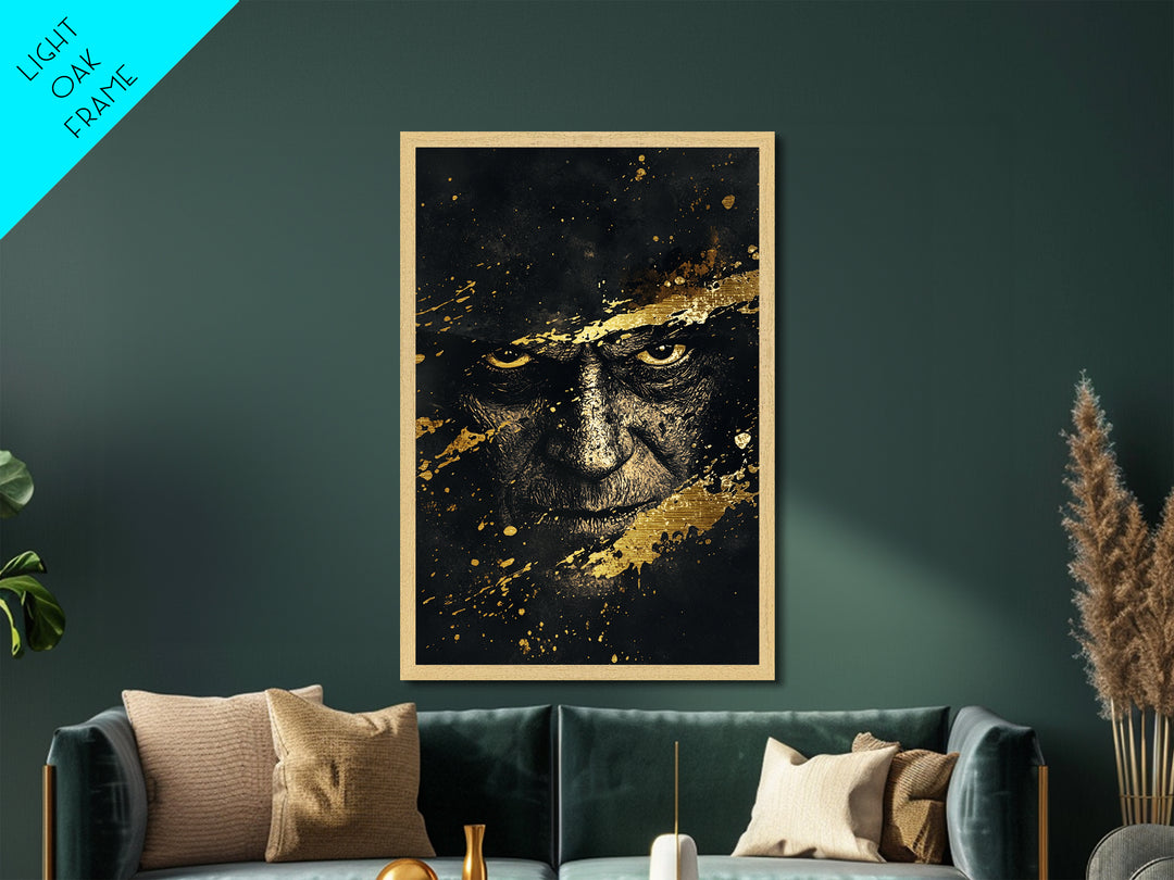 Dark Sorcerer Metallic Gold Art Metal Art | Haunted Gothic Portrait Halloween Wall Decor with Real Wood Frame | Spooky Print