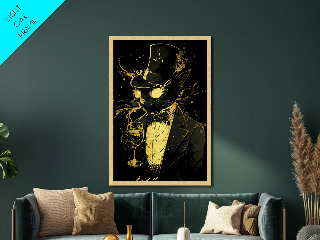 Black Cat in Top Hat Metallic Gold Art Metal Art | Spooky Season Halloween Decor | Framed in Real Wood Gothic Haunted Artwork
