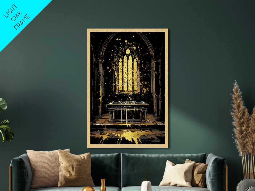 Haunted Cathedral DJ Booth Metallic Gold Art Metal Art Gothic Halloween Wall Decor Spooky Music Party Scene in Real Wood Frame