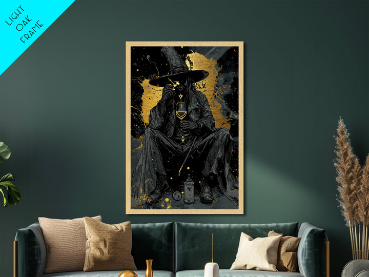 Creepy Gothic Sorcerer Metallic Gold Art Metal Art Spooky Halloween Wall Hanging In Real Wood Frame Witchcraft Inspired