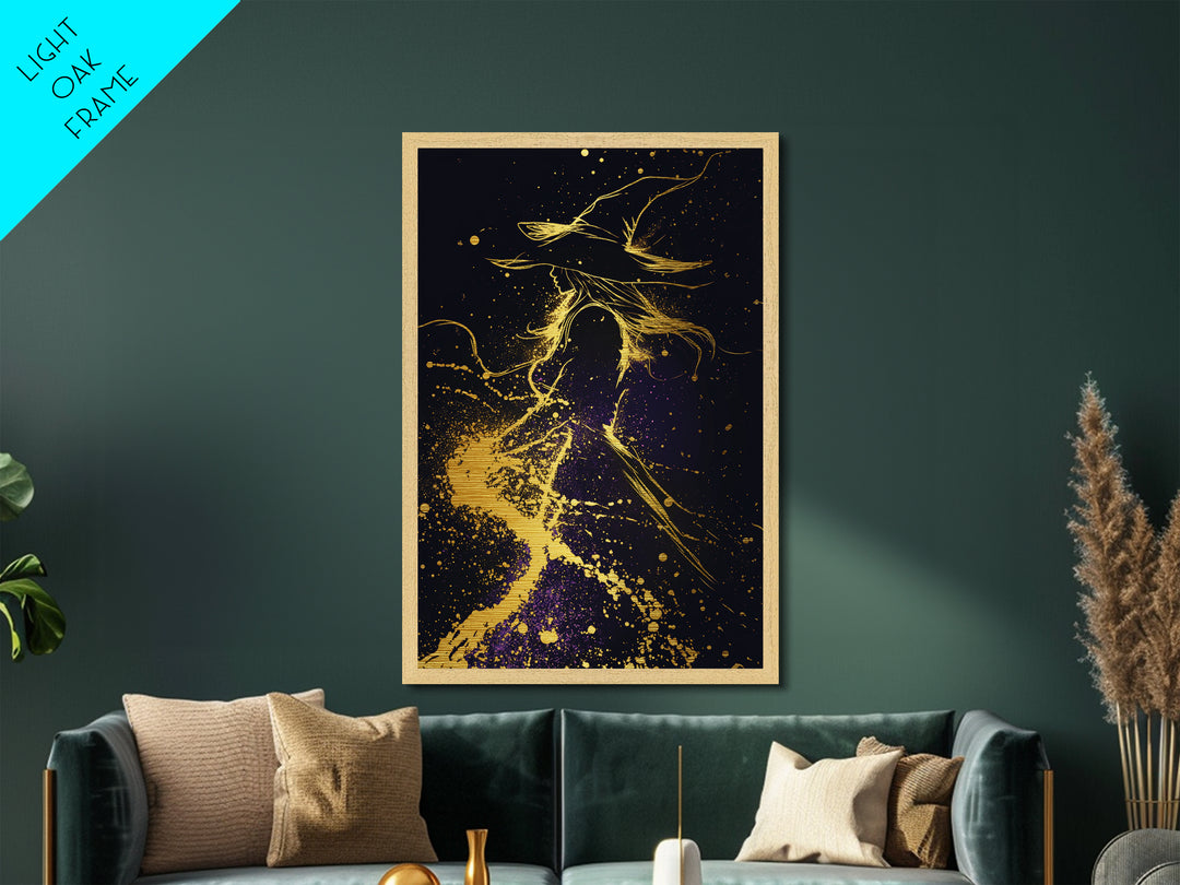 Mystical Witch Silhouette Metallic Gold Art Metal Art Spooky Season Halloween Decor With Framing In Natural Real Wood