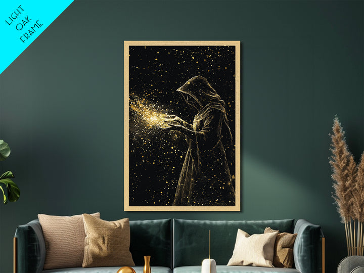 Enchanted Hooded Figure Metallic Gold Art Metal Art Halloween Spooky Wall Art Framed In Natural Wood For Gothic Home