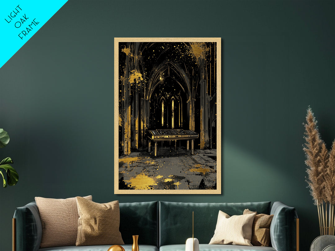 Spooky Gothic Church Metallic Gold Art Metal Art Halloween Wall Decor Haunted Cathedral Nightclub Vibe in Real Wood Frame