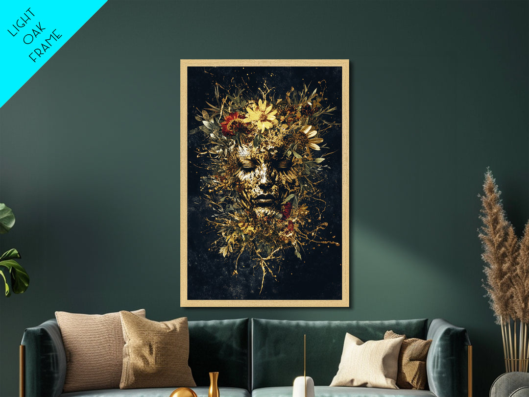Floral Gothic Mask Metallic Gold Art Metal Art Creepy Halloween Portrait Print Framed In Real Wood For Spooky Home Decor