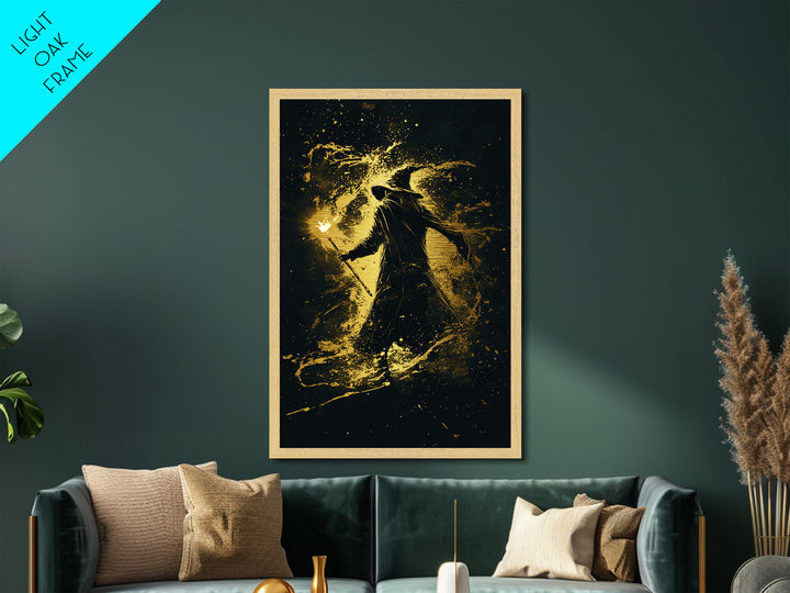 Gothic Wizard Metallic Gold Art Halloween Wall Decor, Spooky Metal Art With Torch Magic, Framed In Real Wood For Haunted Vibes