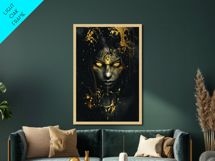 Witchy Woman Metallic Gold Art Spooky Season Portrait, Creepy Metal Art With Fiery Eyes, Halloween Wall Art In Real Wood Frame