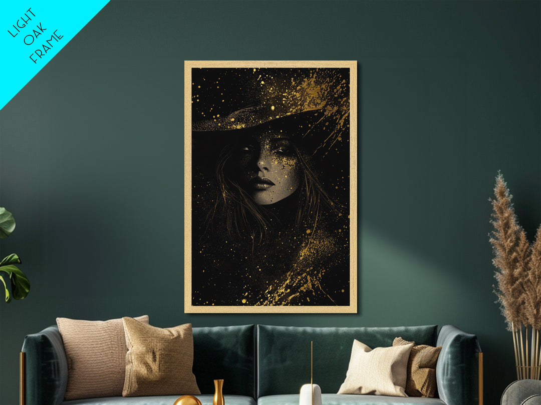Dark Enchantress Metallic Gold Art Witchy Portrait, Metal Art Halloween Wall Hanging, Spooky Season Magic Framed In Real Wood