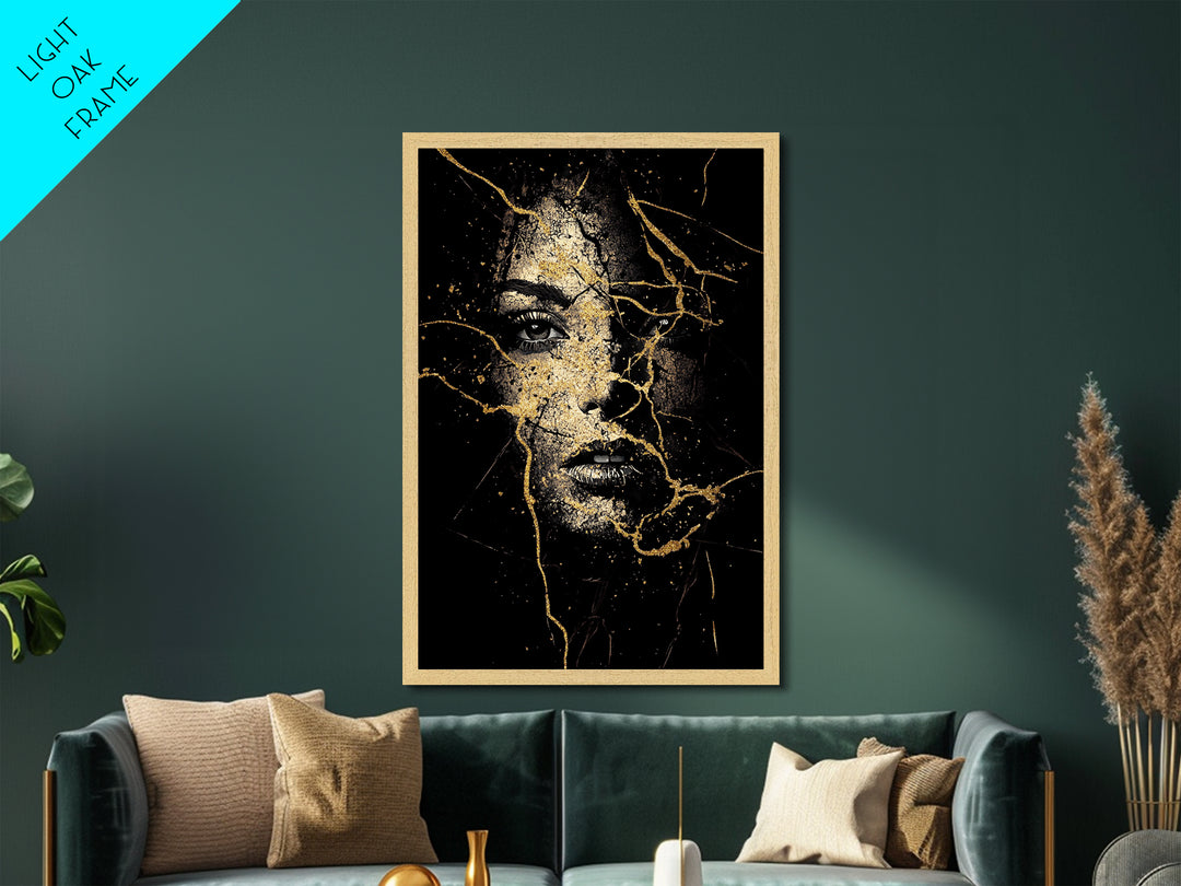 Cracked Face Metallic Gold Art Gothic Halloween Portrait, Haunted Metal Art Creepy Wall Decor, Spooky Season Style With Wood Frame