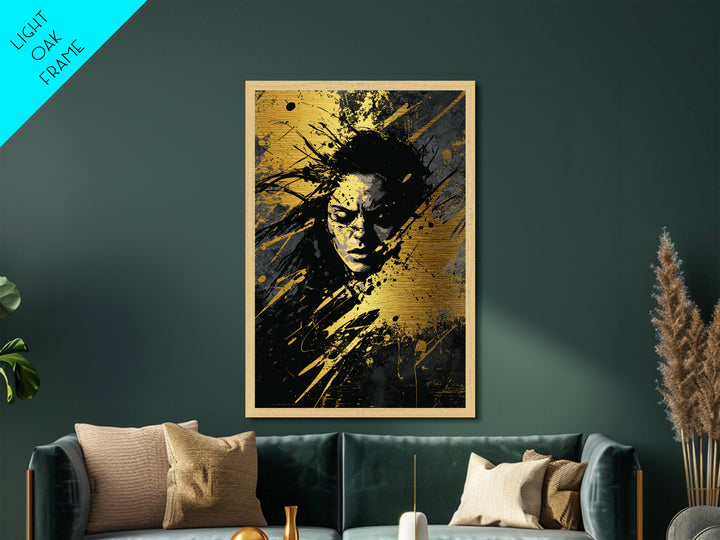 Sinister Face Metallic Gold Art Haunted Halloween Portrait, Gothic Metal Art Spooky Season Wall Design, With Real Wood Framing