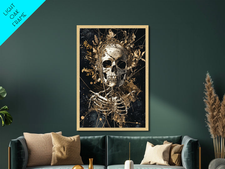 Skeleton Skull with Flowers Metallic Gold Art Metal Art Gothic Halloween Wall Decor Spooky Skeleton Illustration in Real Wood Frame