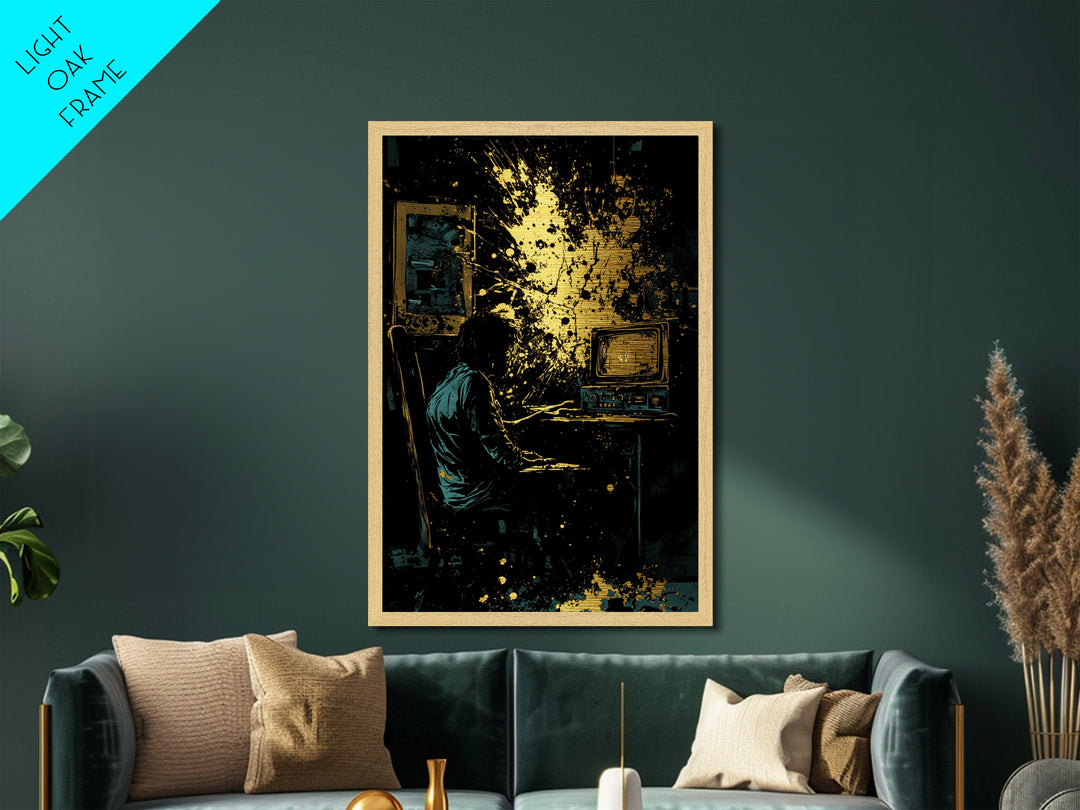 Haunted Horror Scene Metallic Gold Art Metal Art | Creepy Halloween Wall Decor in Real Wood Frame Gothic Spooky Season Print