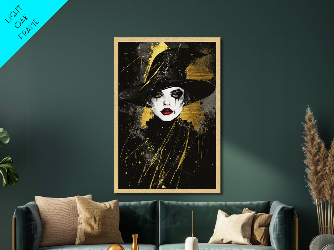 Spooky Witch Hat Metallic Gold Art Metal Art | Gothic Halloween Wall Print Crafted with Natural Wood Frame for Haunted Home Decor