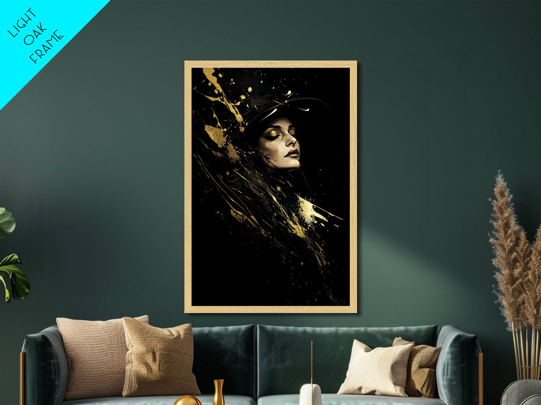 Eerie Haunted Face Metallic Gold Art Metal Art | Spooky Halloween Horror Wall Hanging with Natural Wood Frame Gothic Creepy Style