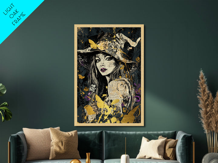 Witch Hat Woman Portrait Metallic Gold Art Metal Art Halloween Wall Decor Spooky Gothic Witchy Illustration in Real Wood Frame